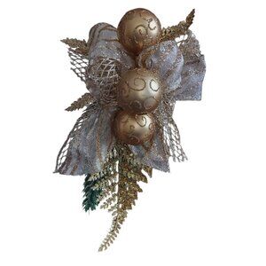 Gold Christmas Tree Tie-On Ornament with Bulbs Ribbon Greens